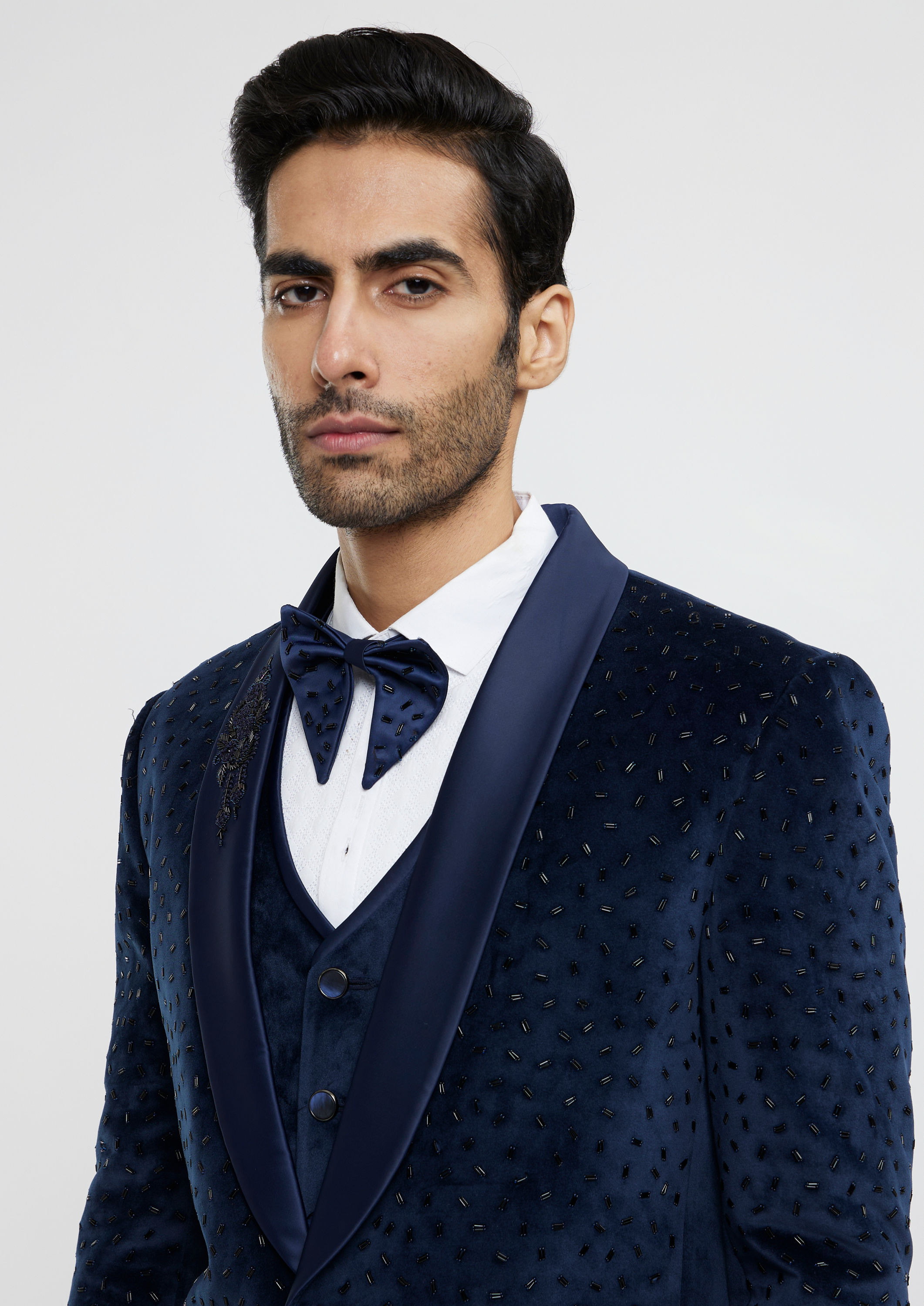 Twamev Men Midnight Blue Cutdana Embellished Tuxedo Suit Set