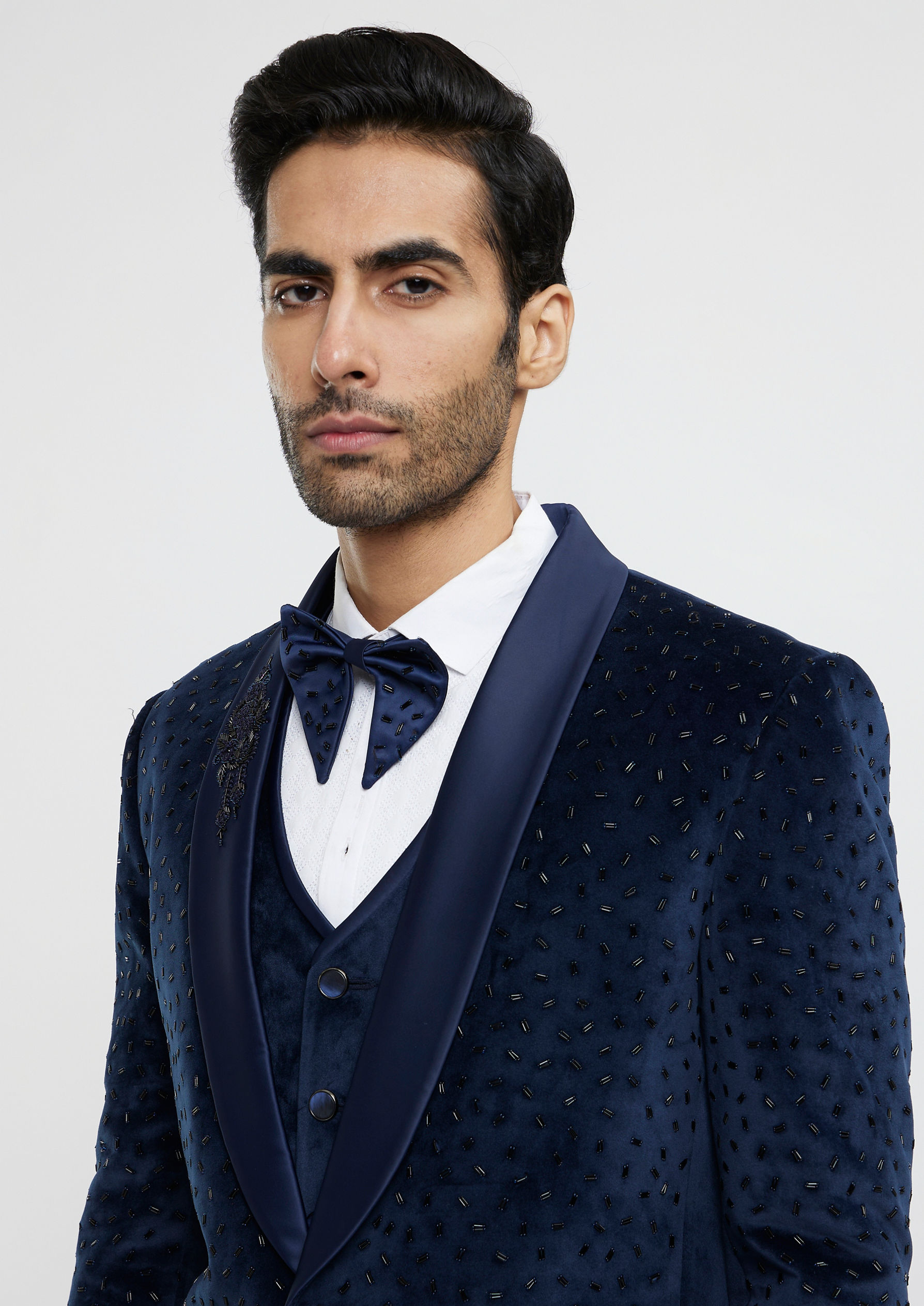 Twamev Men Midnight Blue Cutdana Embellished Tuxedo Suit Set