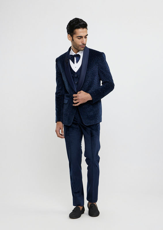 Twamev Men Midnight Blue Cutdana Embellished Tuxedo Suit Set