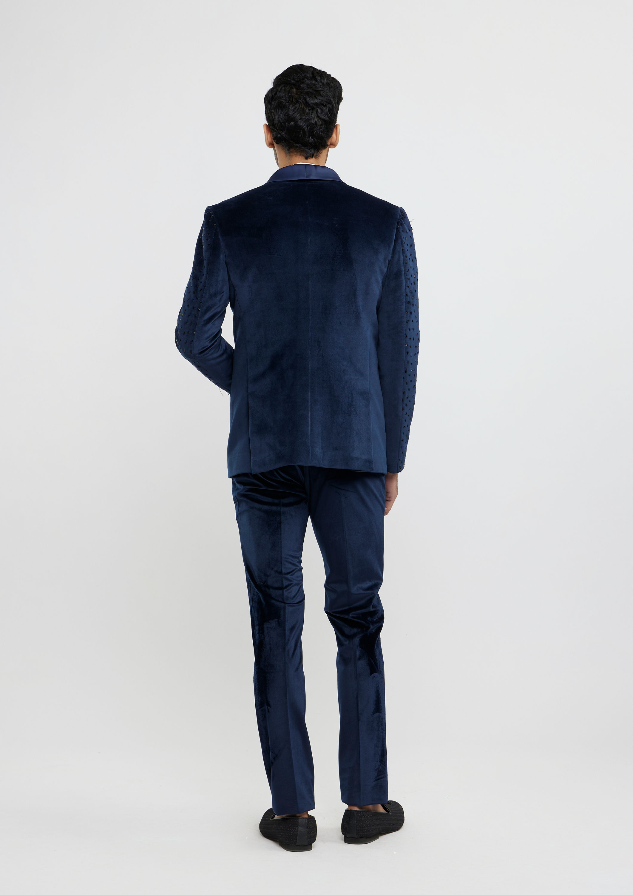 Twamev Men Midnight Blue Cutdana Embellished Tuxedo Suit Set