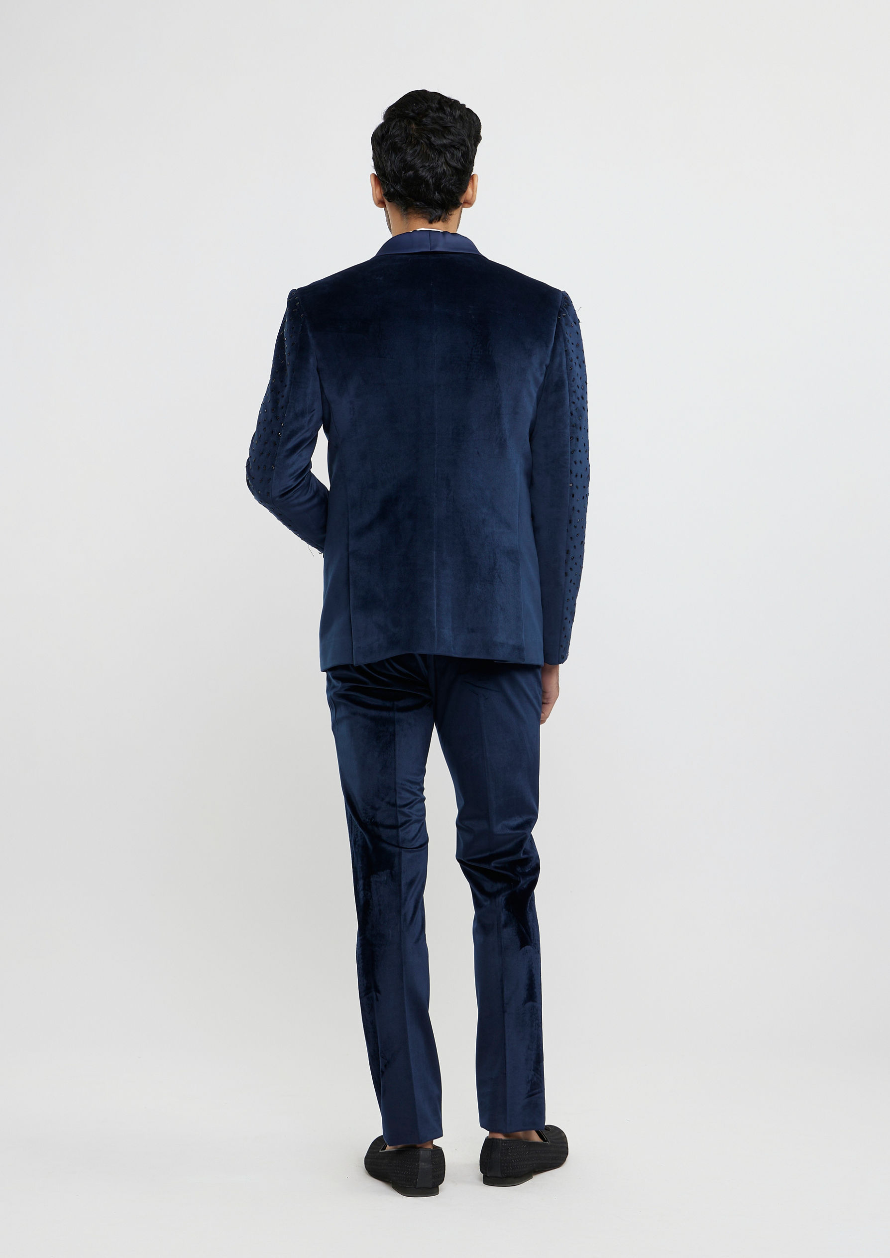 Twamev Men Midnight Blue Cutdana Embellished Tuxedo Suit Set