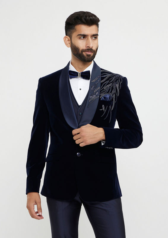 Twamev Men Dark Blue Velvet Suave Suit Set