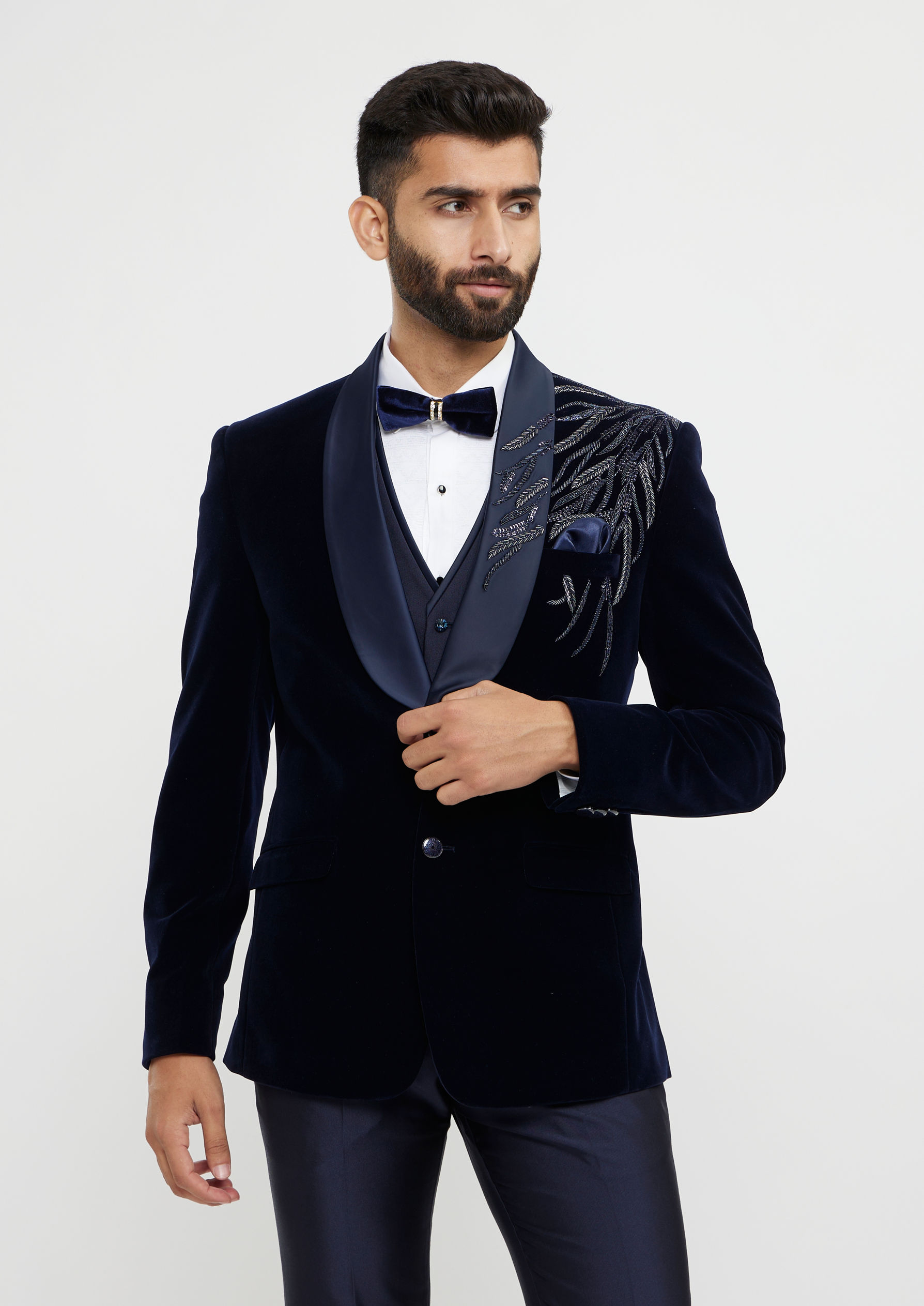 Twamev Men Dark Blue Velvet Suave Suit Set