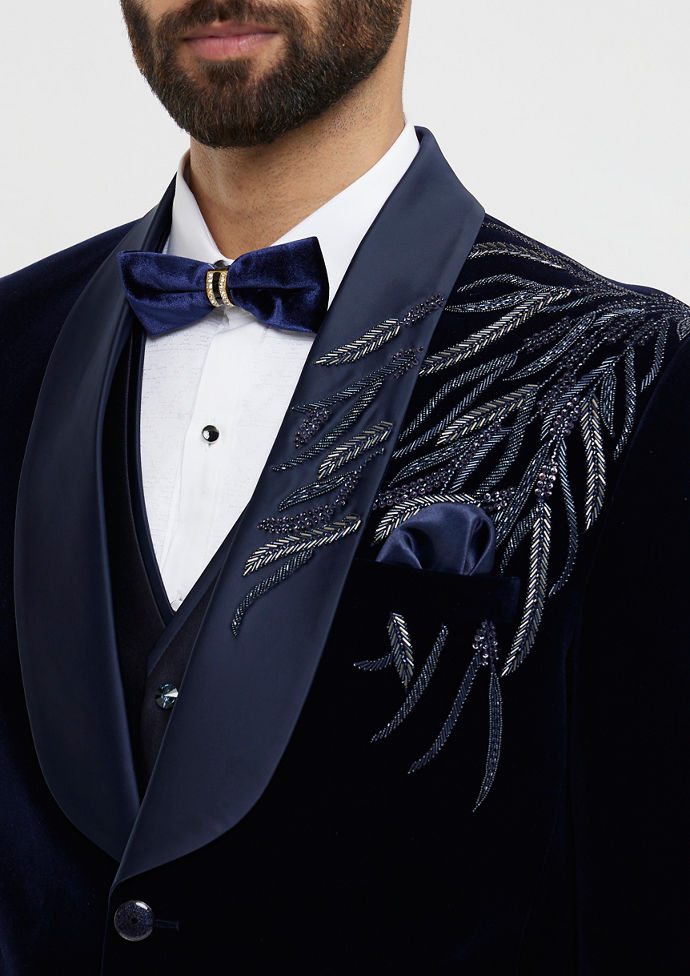 Twamev Men Dark Blue Velvet Suave Suit Set