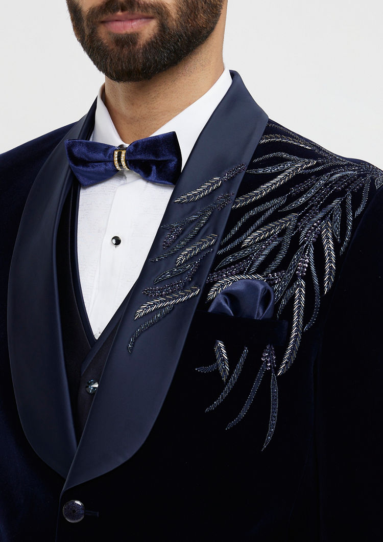 Twamev Men Dark Blue Velvet Suave Suit Set