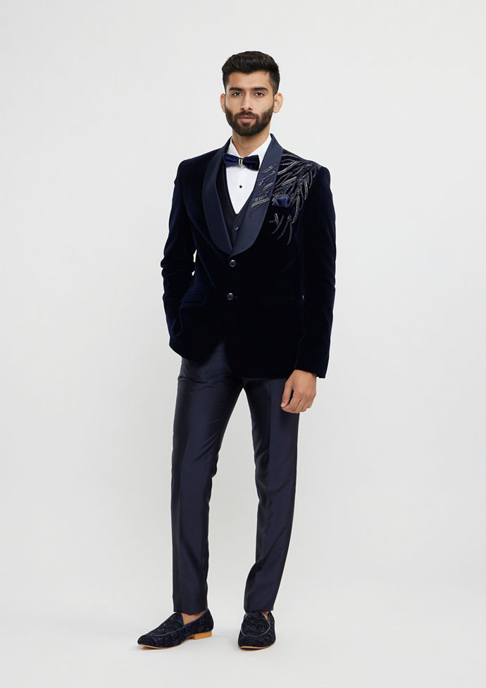 Twamev Men Dark Blue Velvet Suave Suit Set