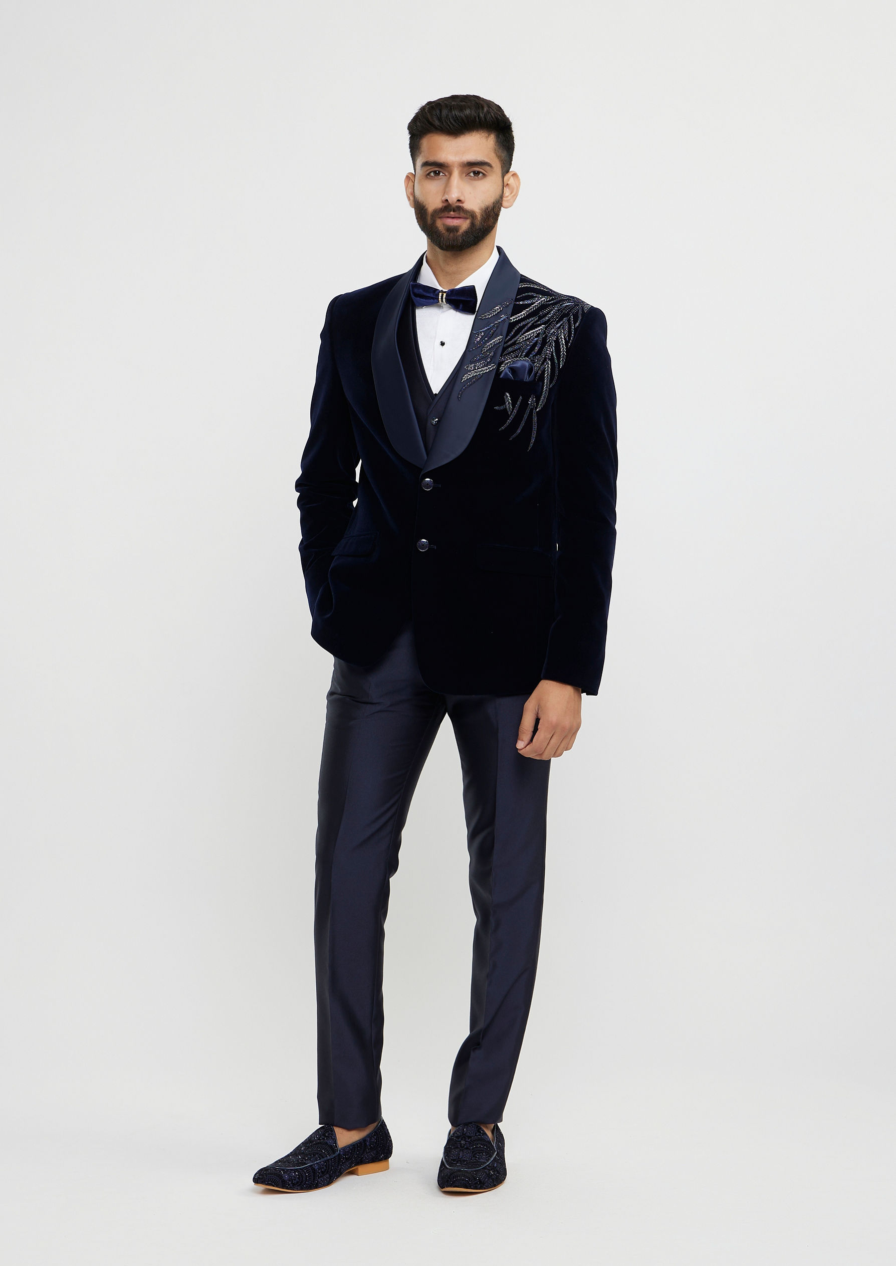 Twamev Men Dark Blue Velvet Suave Suit Set