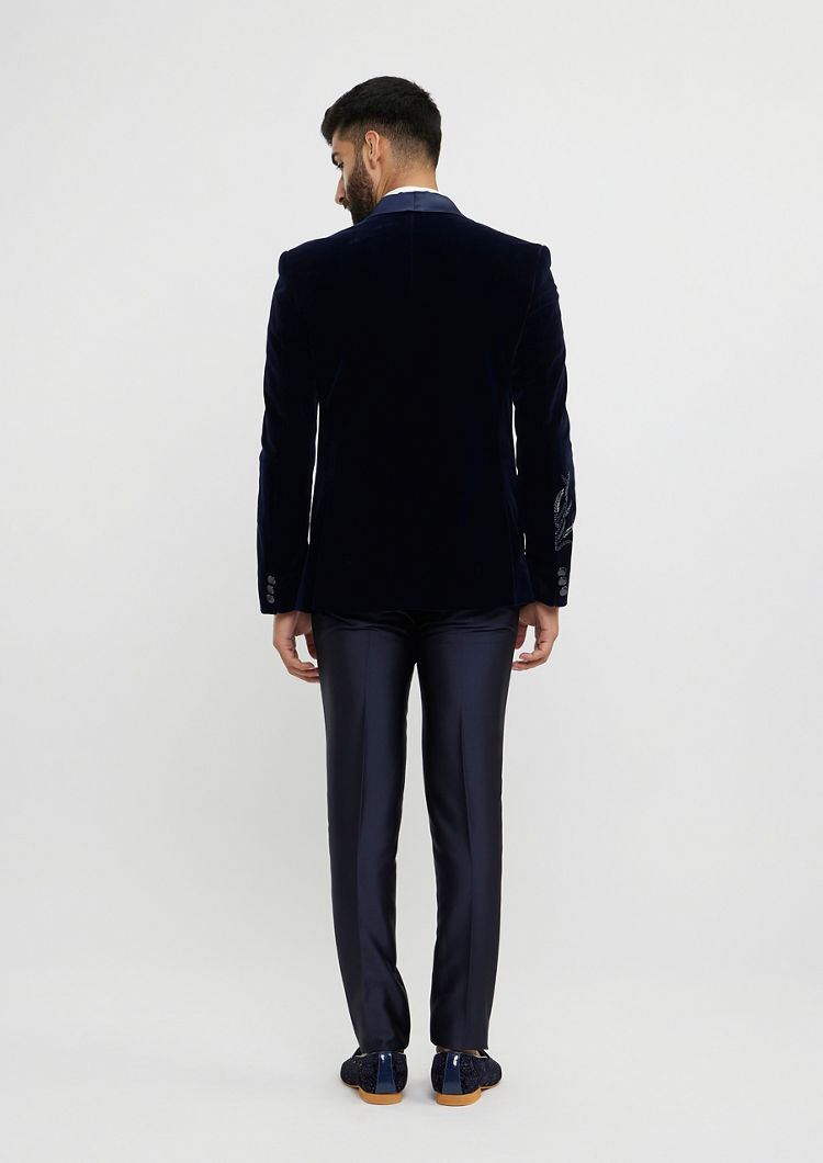 Twamev Men Dark Blue Velvet Suave Suit Set