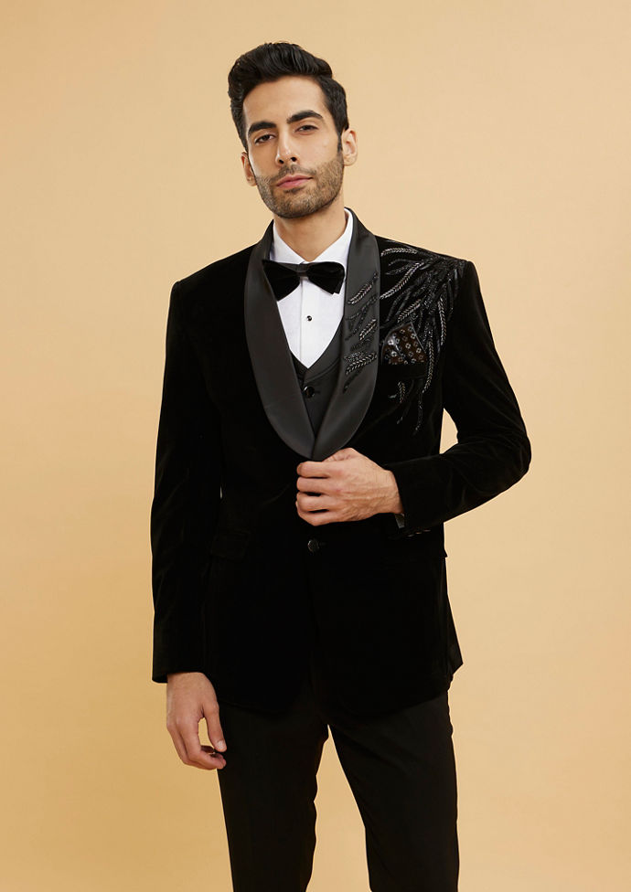 Twamev Men Midnight Black Shawl Collared Sequin Embellished Suit Set