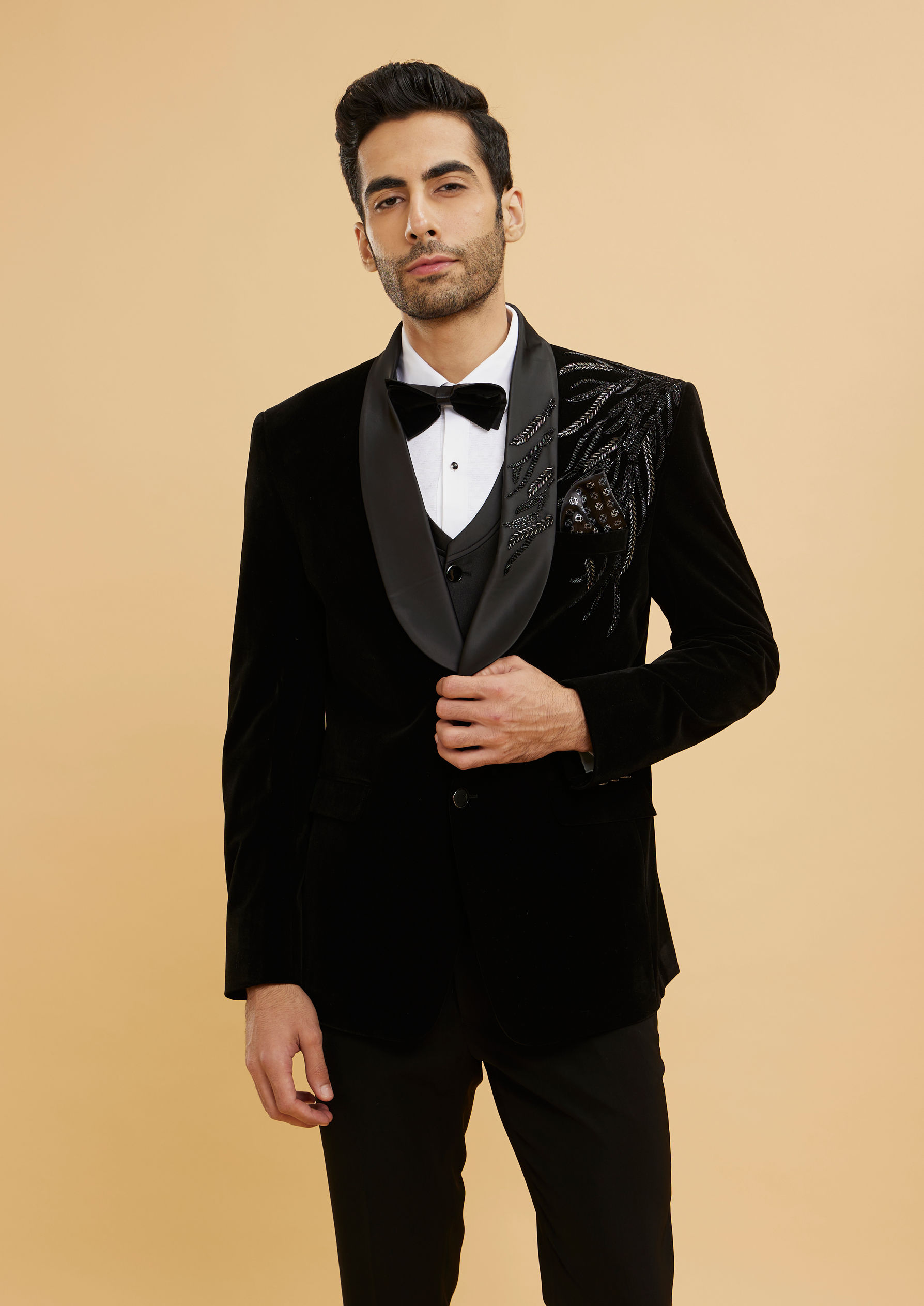 Twamev Men Midnight Black Shawl Collared Sequin Embellished Suit Set