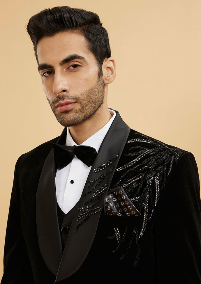 Twamev Men Midnight Black Shawl Collared Sequin Embellished Suit Set
