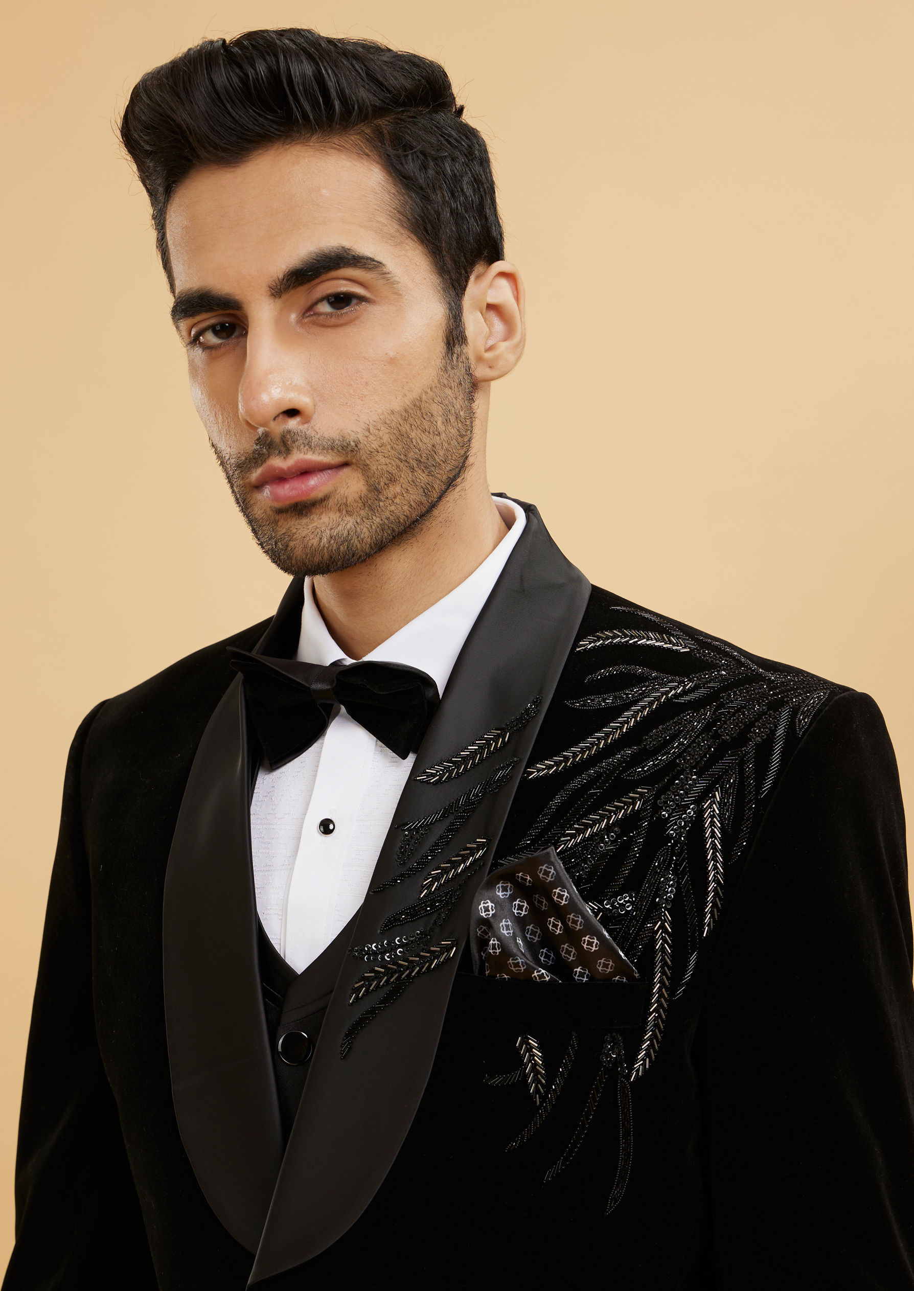Twamev Men Midnight Black Shawl Collared Sequin Embellished Suit Set