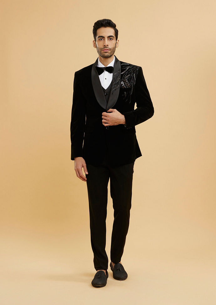 Twamev Men Midnight Black Shawl Collared Sequin Embellished Suit Set