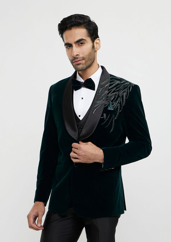 Twamev Men Elegant Dark Green Velvet Suit Set
