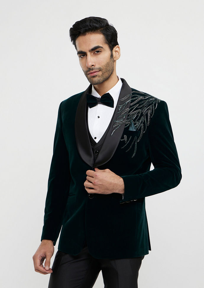 Twamev Men Elegant Dark Green Velvet Suit Set