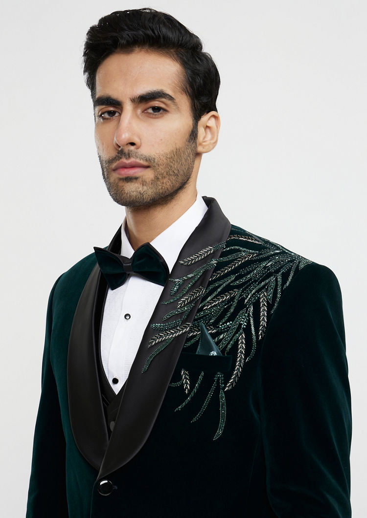 Twamev Men Elegant Dark Green Velvet Suit Set