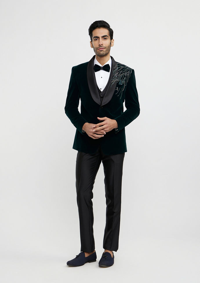 Twamev Men Elegant Dark Green Velvet Suit Set