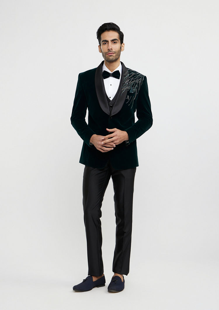 Twamev Men Elegant Dark Green Velvet Suit Set
