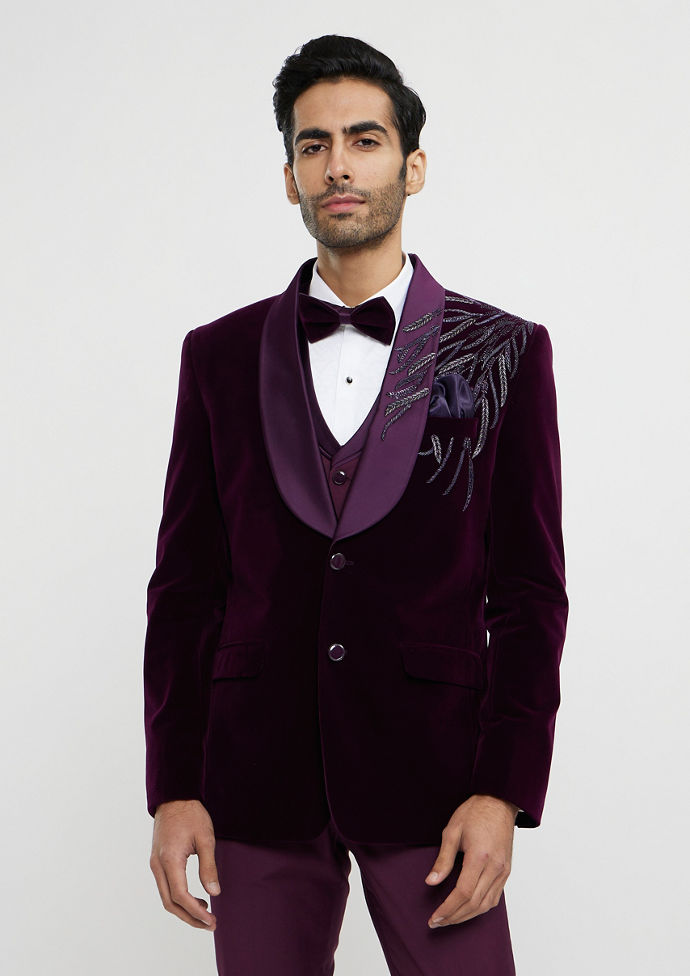 Twamev Men Regal Wine Velvet Suit Set