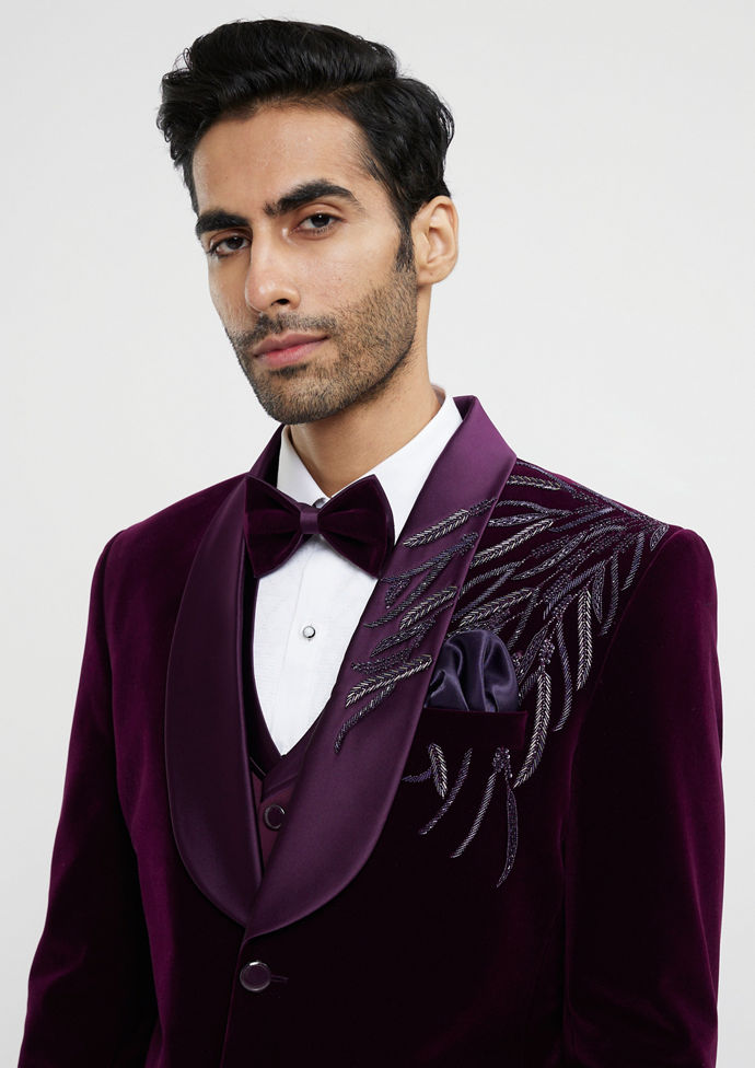 Twamev Men Regal Wine Velvet Suit Set