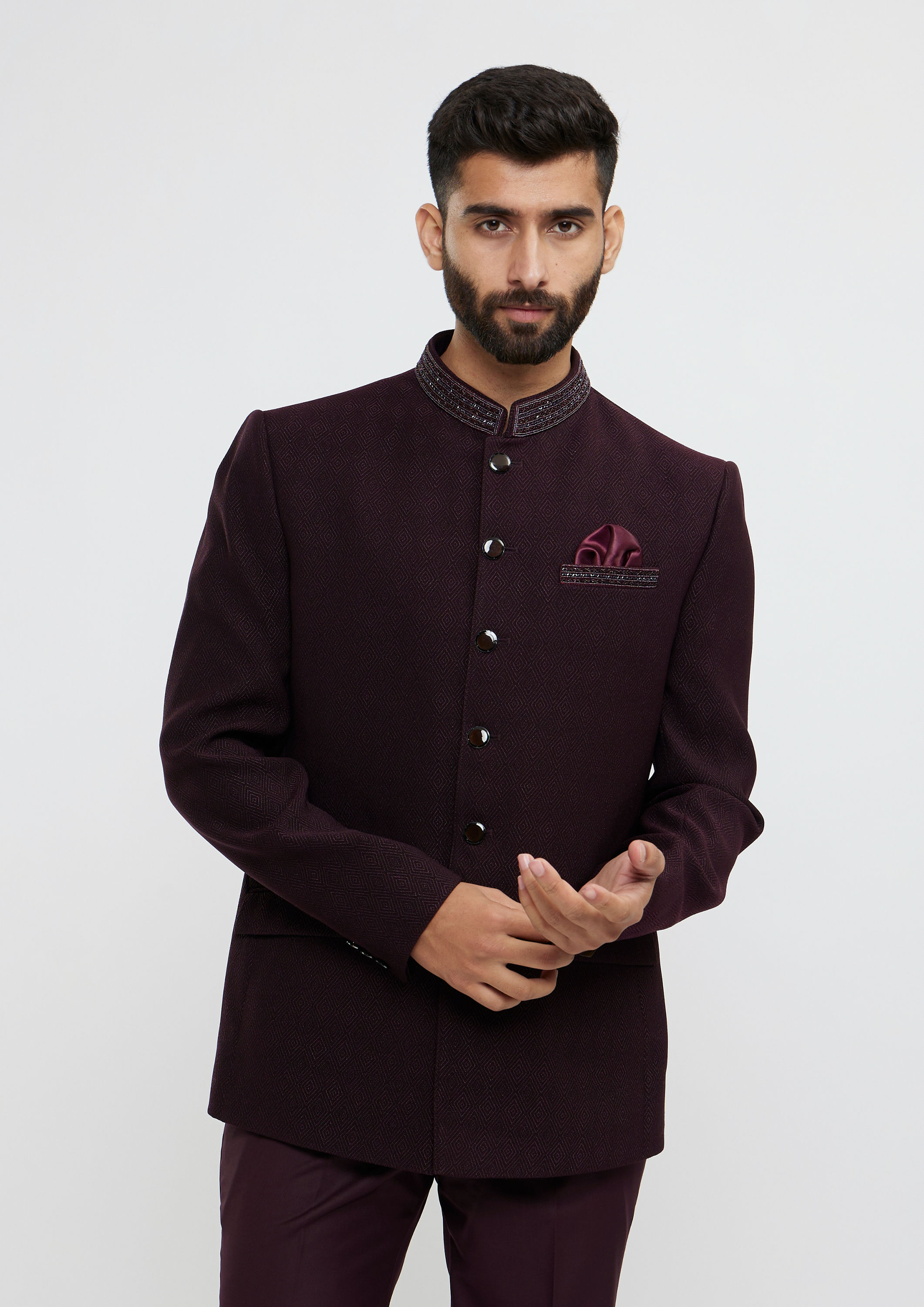 Twamev Men Wine Red Twill Blazer Ensemble