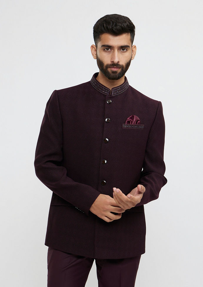 Twamev Men Wine Red Twill Blazer Ensemble
