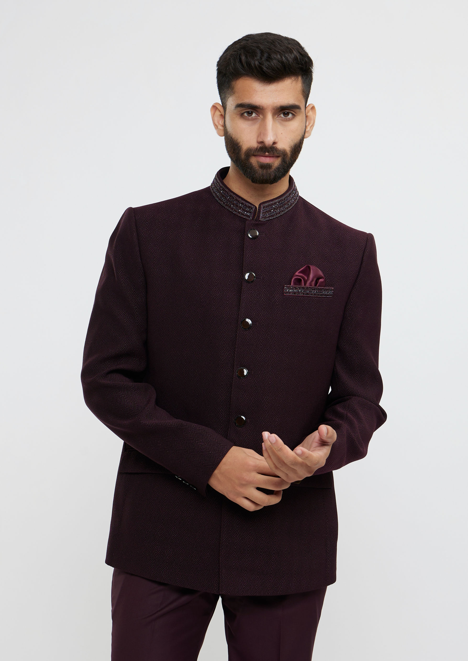 Twamev Men Wine Red Twill Blazer Ensemble