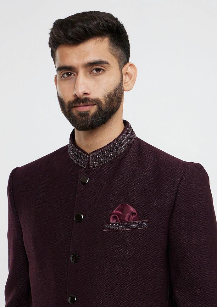 Twamev Men Wine Red Twill Blazer Ensemble