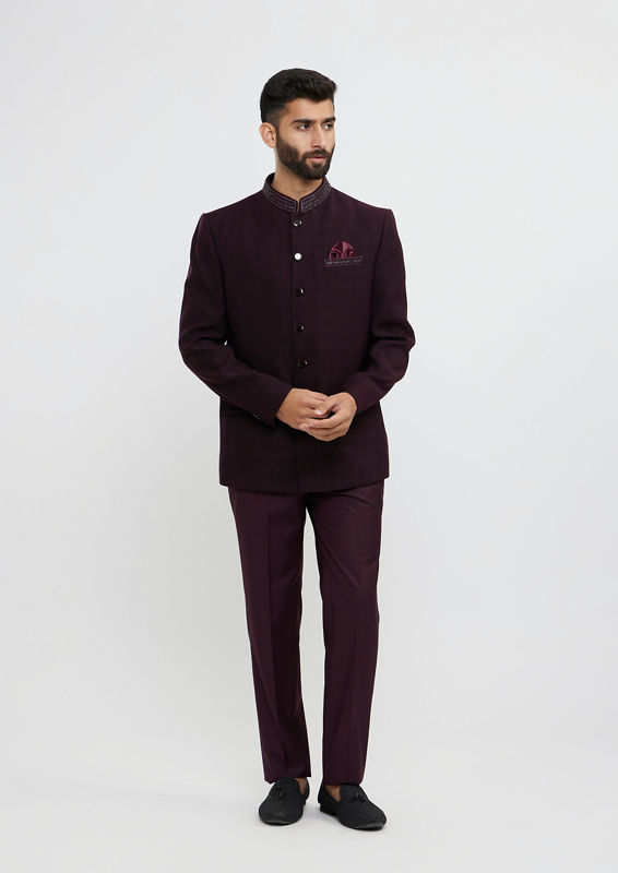 Twamev Men Wine Red Twill Blazer Ensemble
