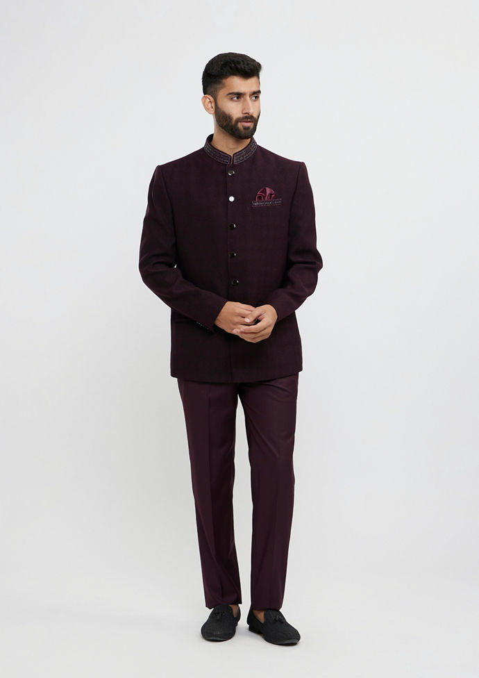 Twamev Men Wine Red Twill Blazer Ensemble