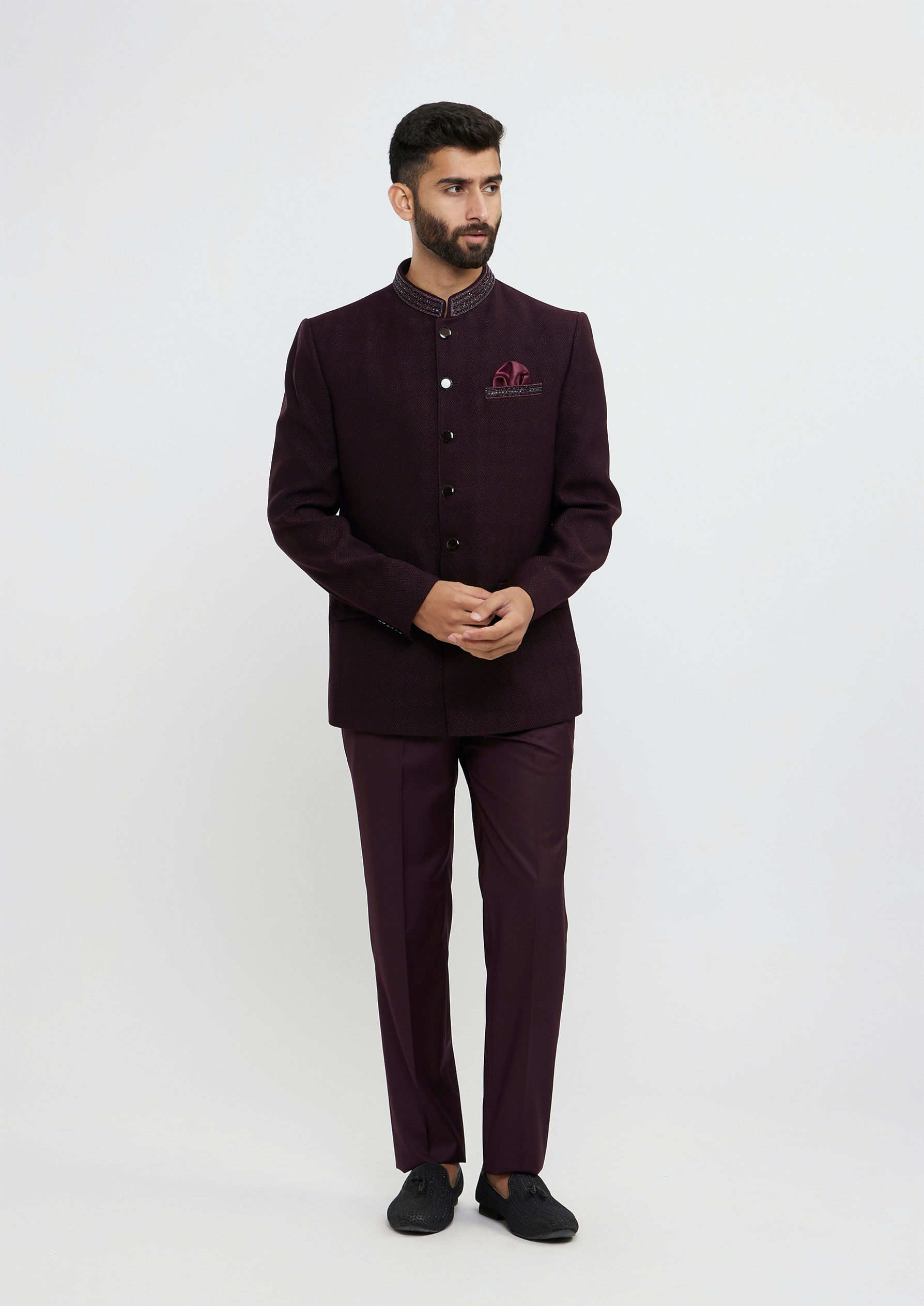 Twamev Men Wine Red Twill Blazer Ensemble