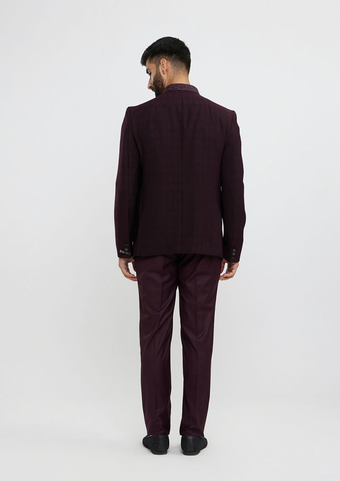 Twamev Men Wine Red Twill Blazer Ensemble