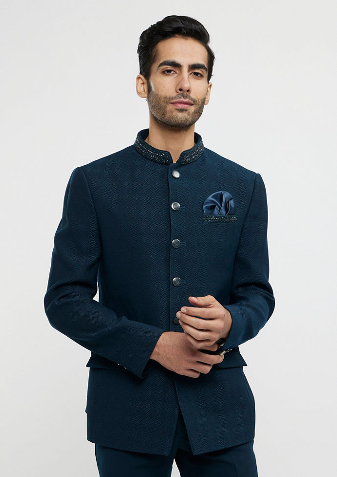Twamev Men Teal Blue Festivity Ensemble Blazer