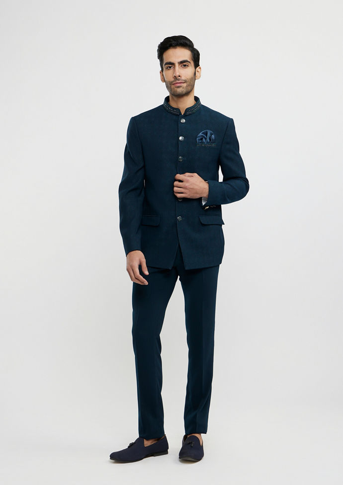 Twamev Men Teal Blue Festivity Ensemble Blazer