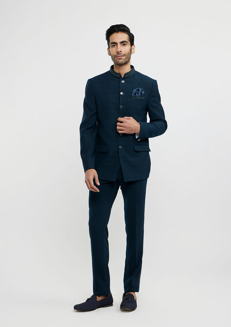 Twamev Men Teal Blue Festivity Ensemble Blazer
