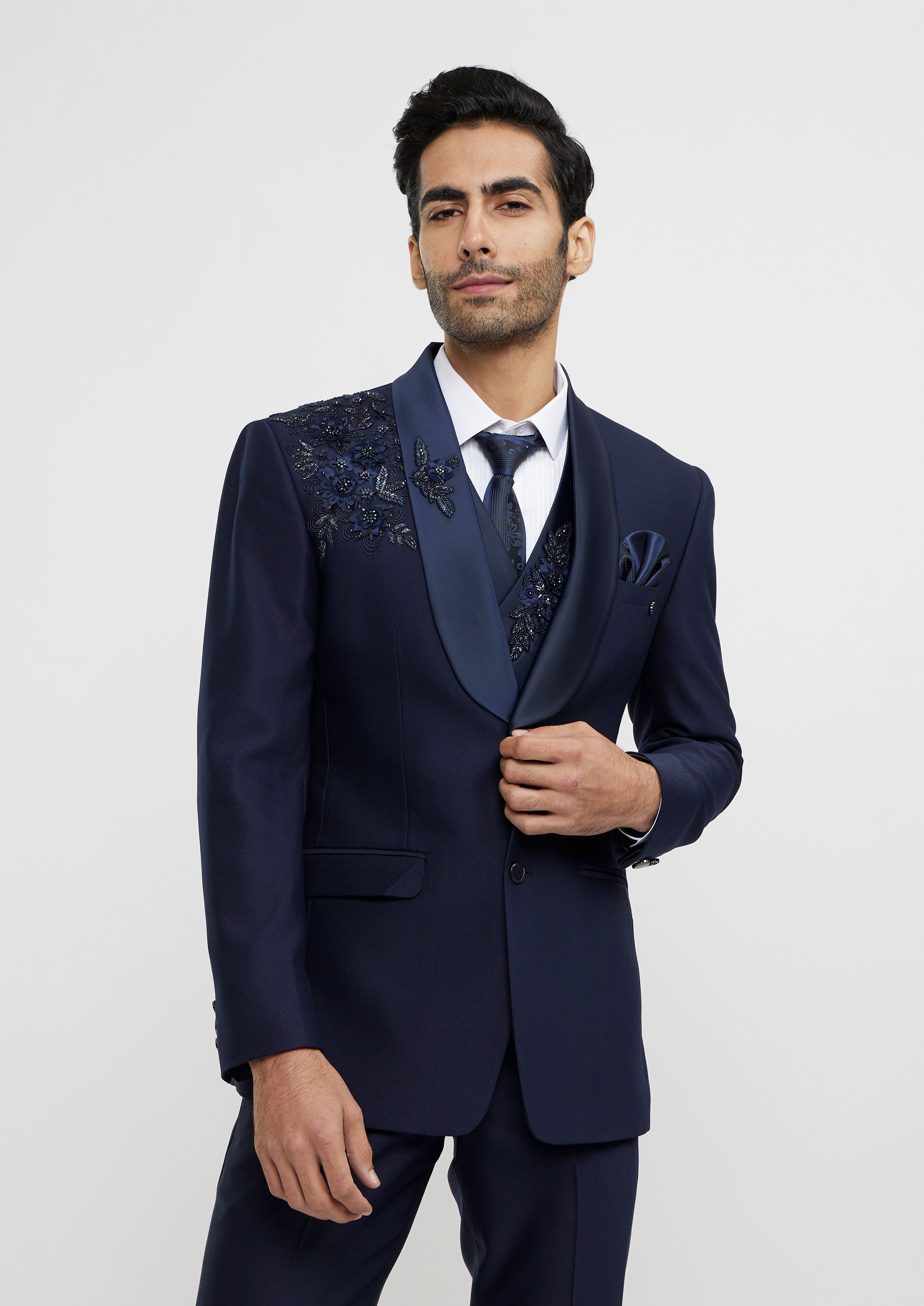 Twamev Men French Navy Blue Suit Set with Sequin Embellishment
