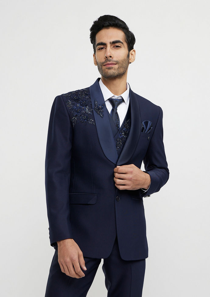 Twamev Men French Navy Blue Suit Set with Sequin Embellishment