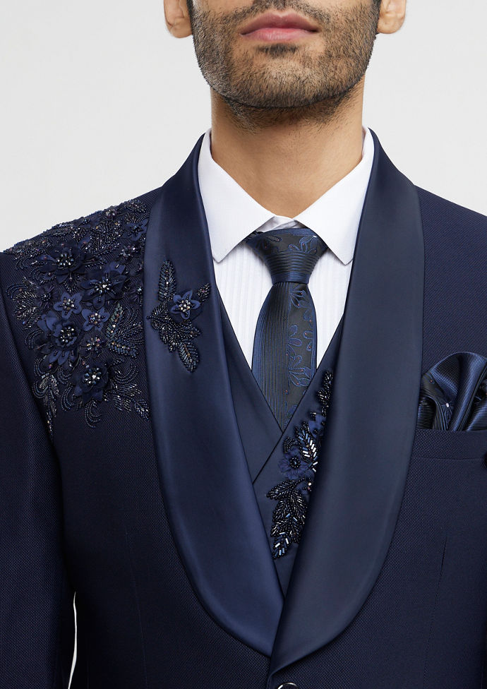 Twamev Men French Navy Blue Suit Set with Sequin Embellishment