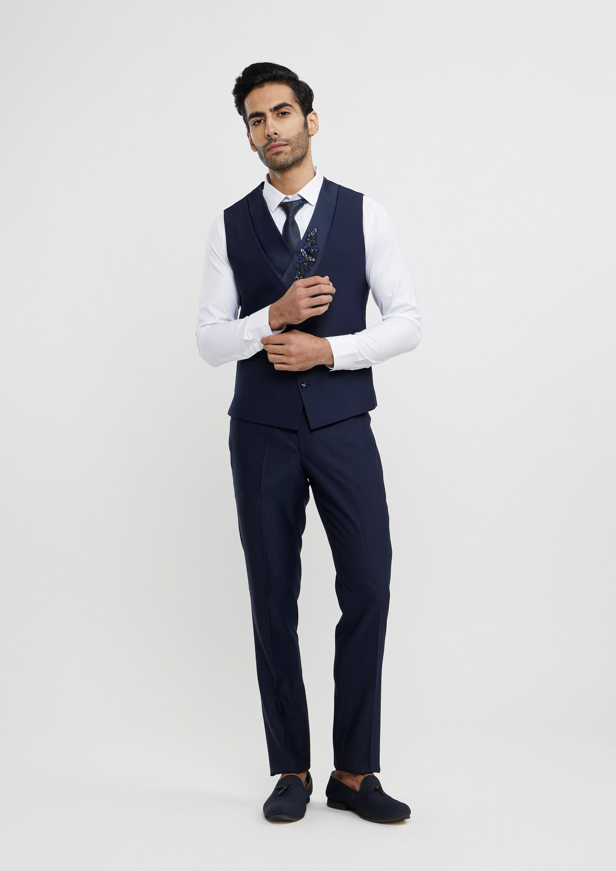 Twamev Men French Navy Blue Suit Set with Sequin Embellishment