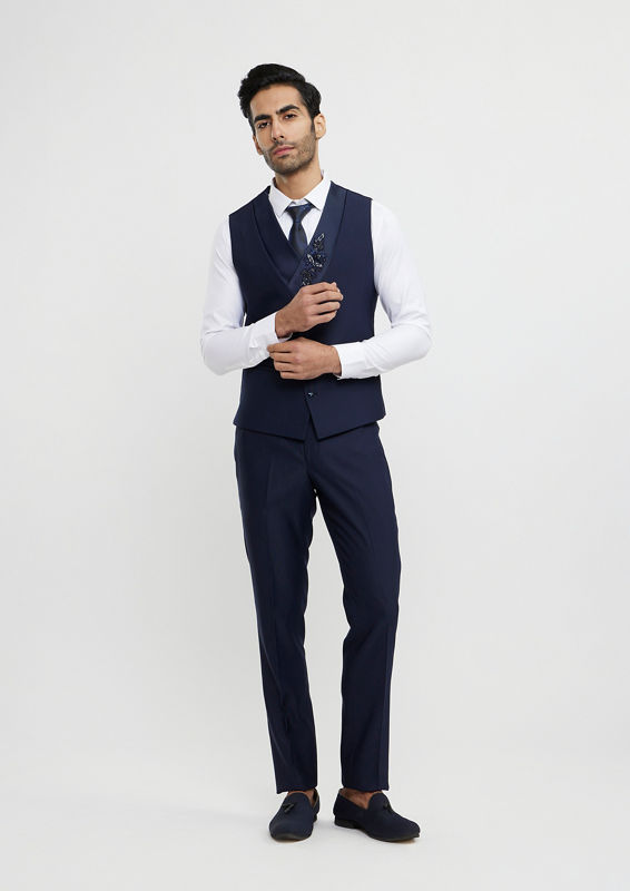 Twamev Men French Navy Blue Suit Set with Sequin Embellishment