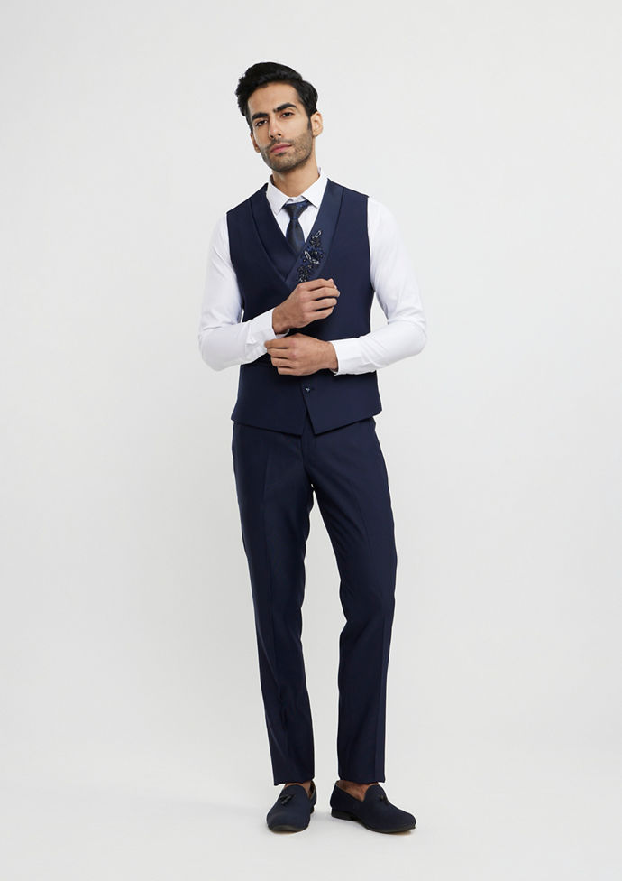 Twamev Men French Navy Blue Suit Set with Sequin Embellishment