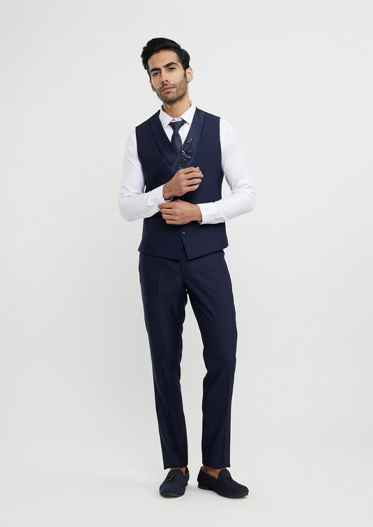 Twamev Men French Navy Blue Suit Set with Sequin Embellishment
