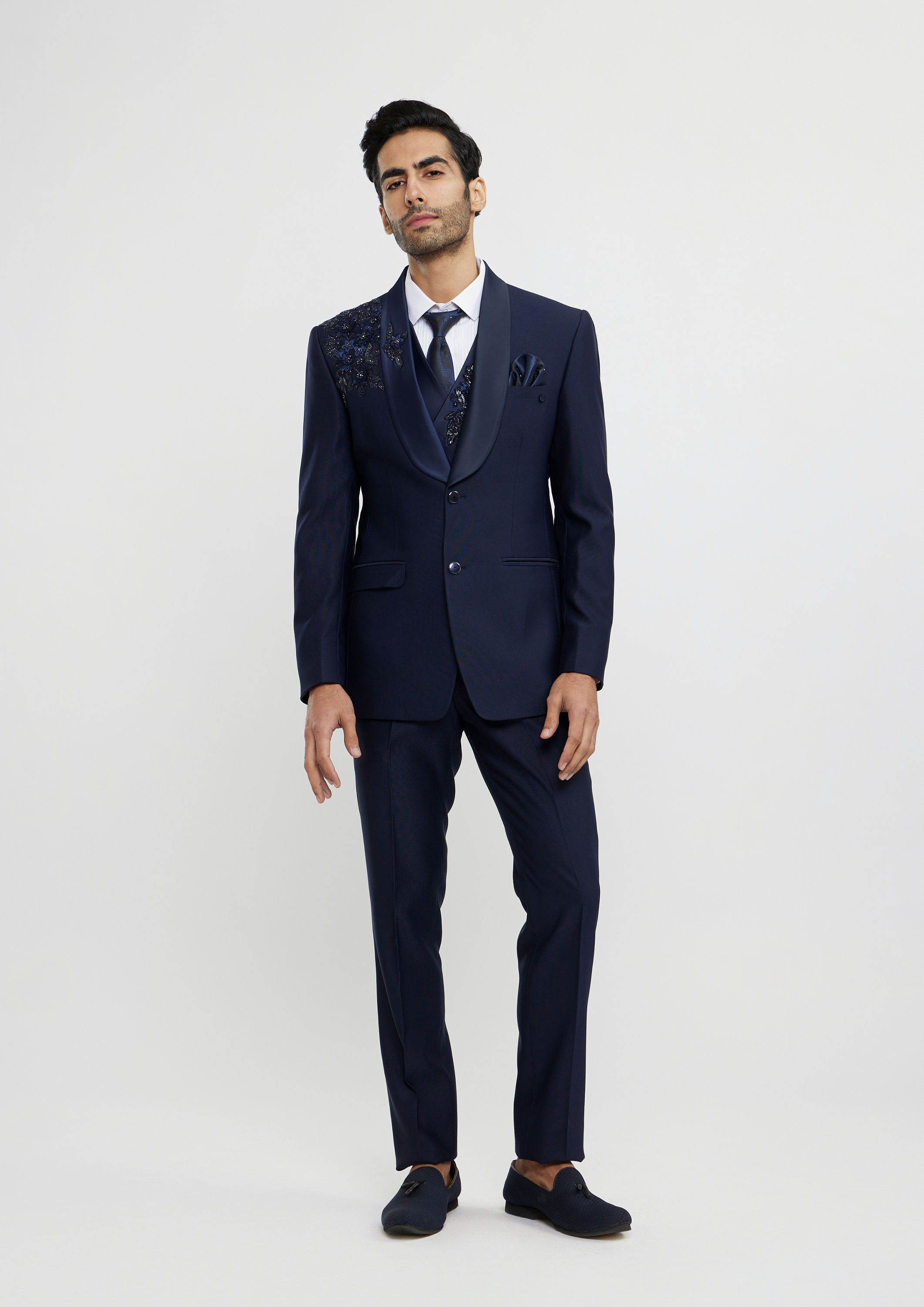 Twamev Men French Navy Blue Suit Set with Sequin Embellishment