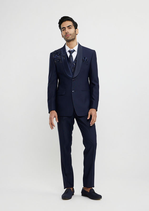 Twamev Men French Navy Blue Suit Set with Sequin Embellishment
