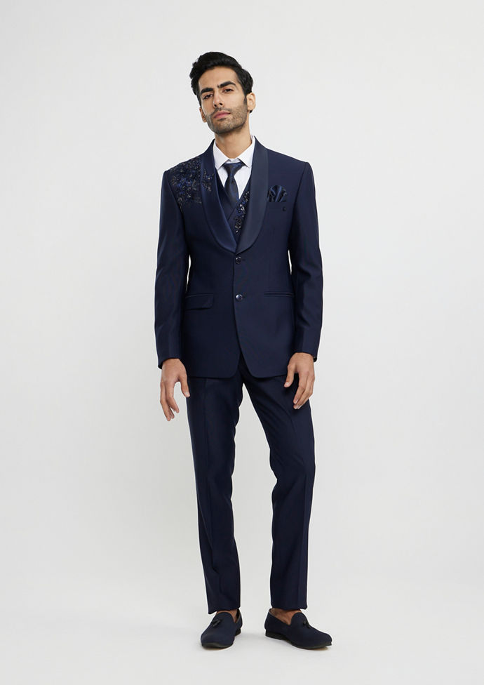 Twamev Men French Navy Blue Suit Set with Sequin Embellishment