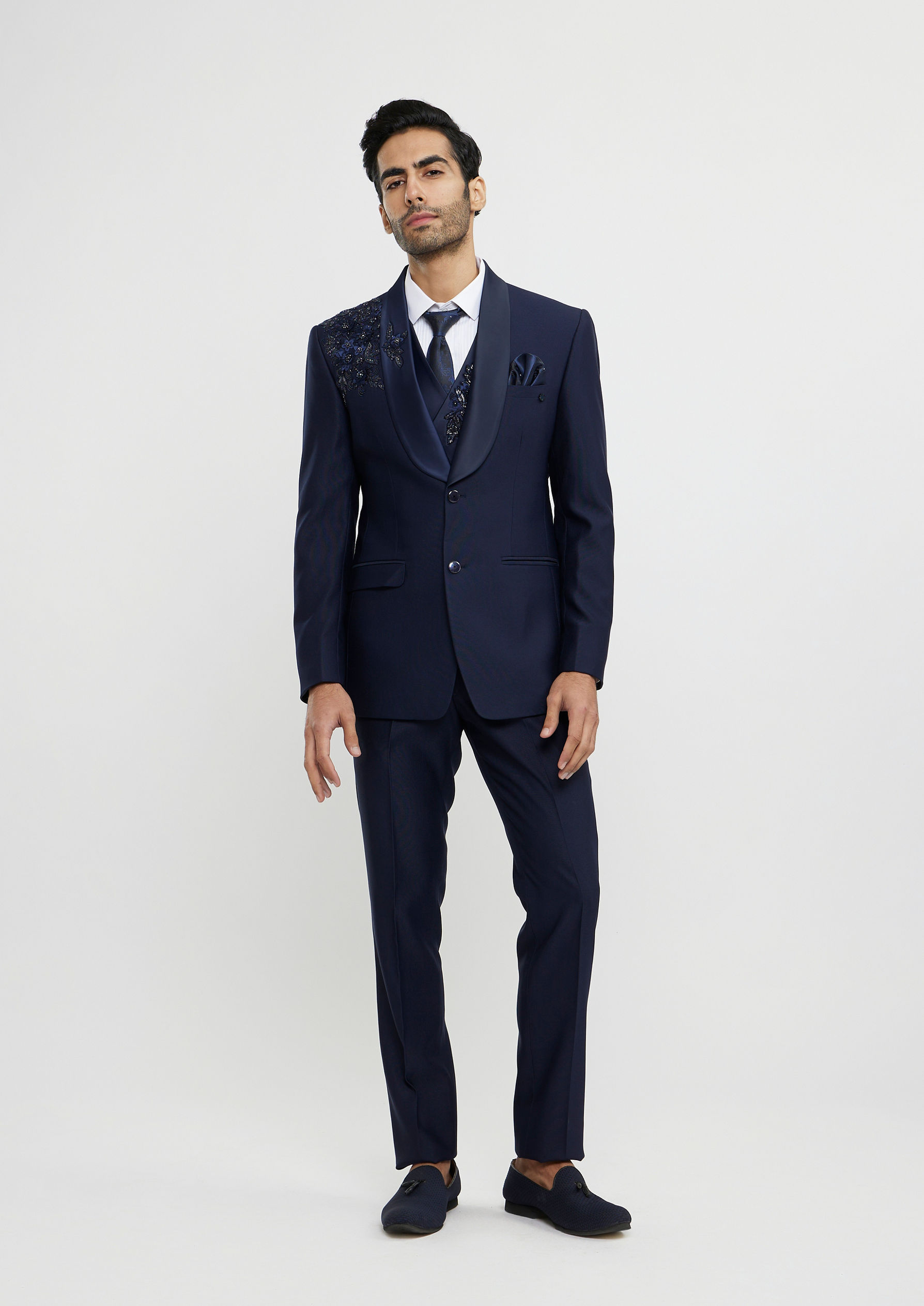 Twamev Men French Navy Blue Suit Set with Sequin Embellishment