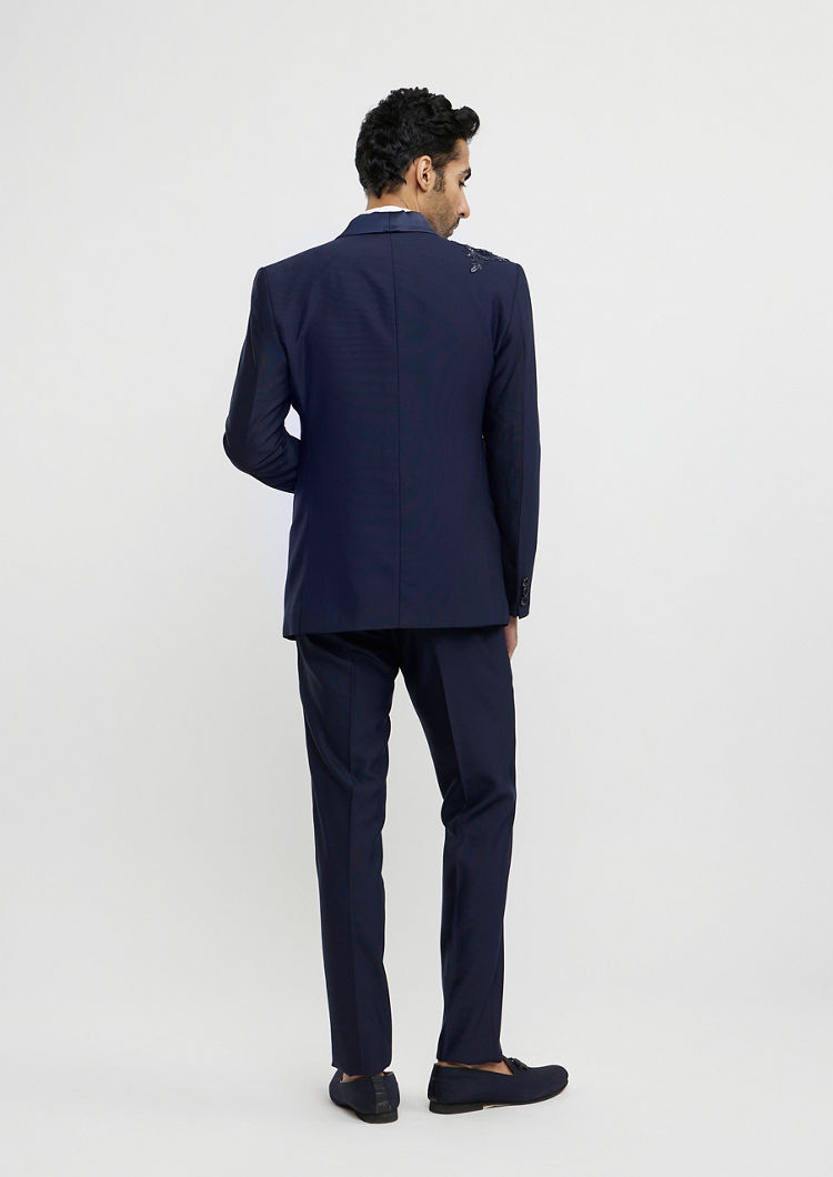 Twamev Men French Navy Blue Suit Set with Sequin Embellishment