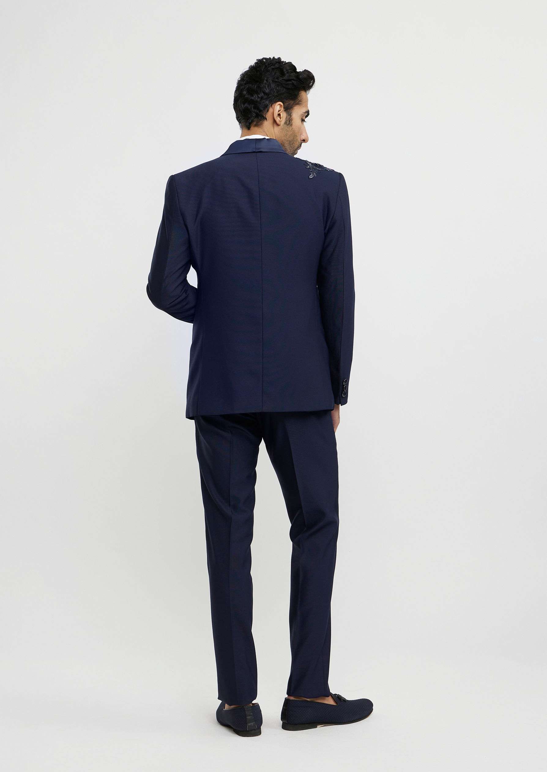 Twamev Men French Navy Blue Suit Set with Sequin Embellishment