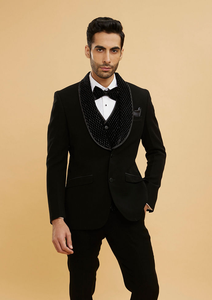 Twamev Men Midnight Blue Embellished Tuxedo Suit Set