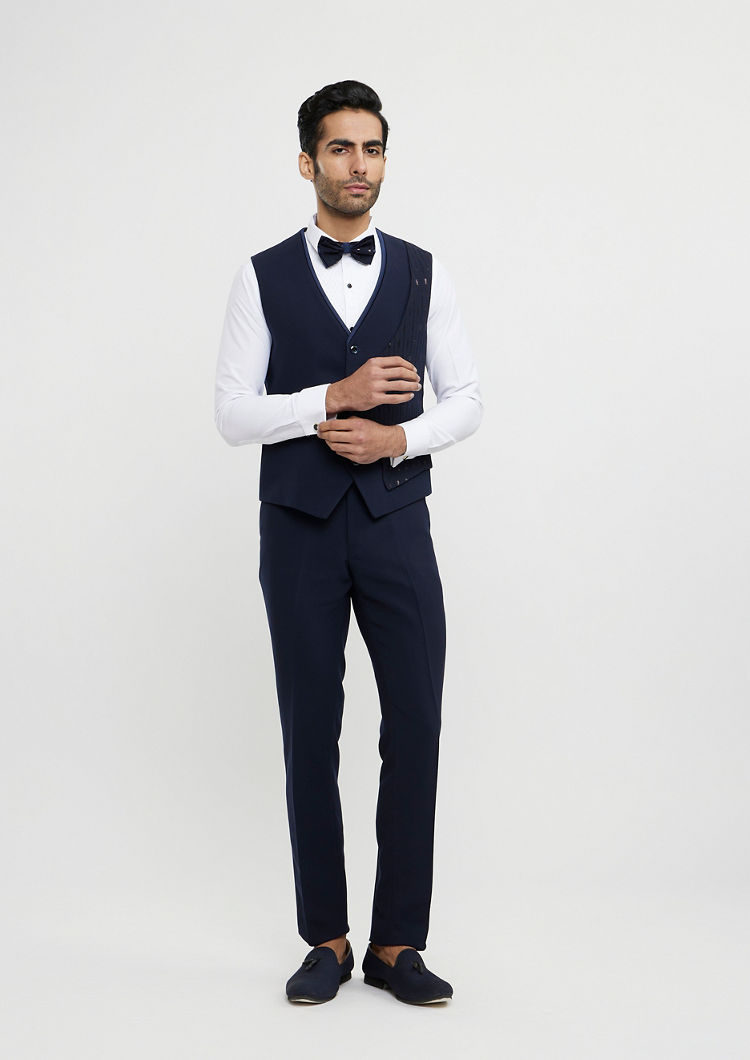 Twamev Men Navy Blue Linear Patterned Sequinned Suit Set